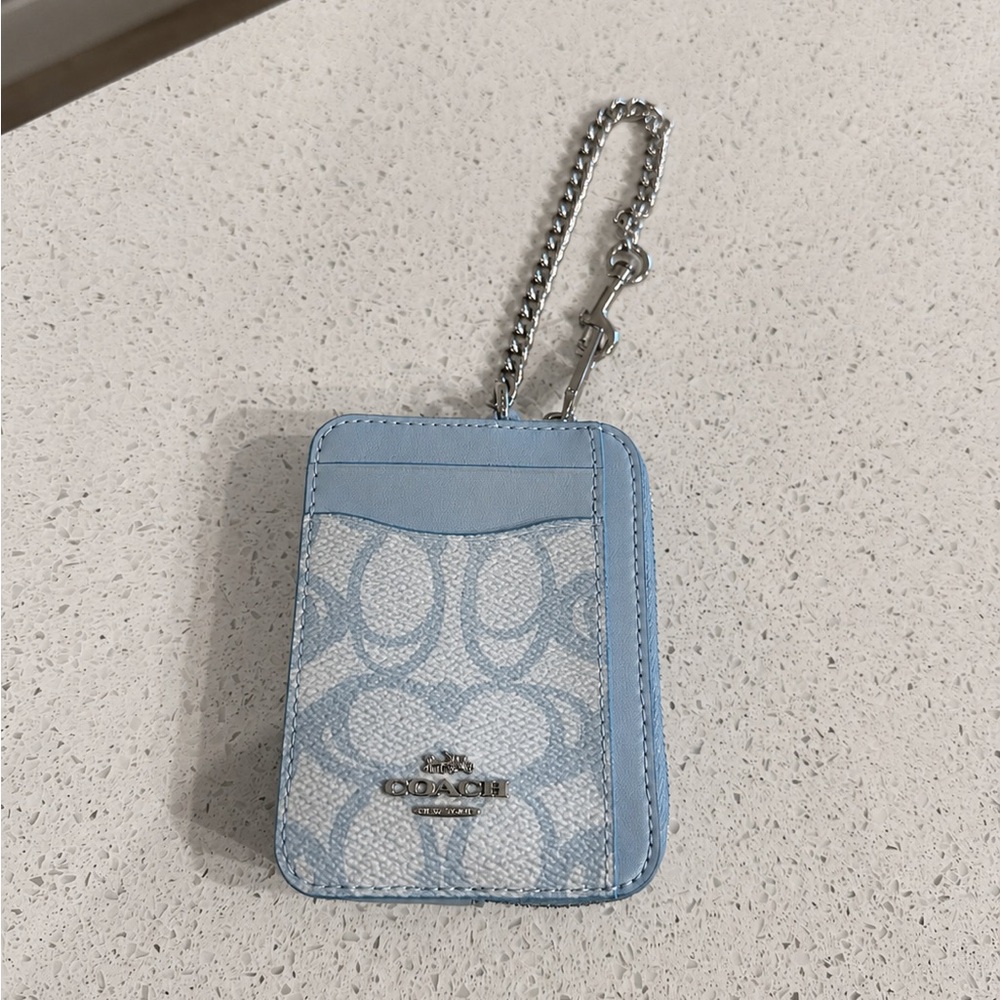 Coach Light Blue Signature Zip ID Case with Silver Chain